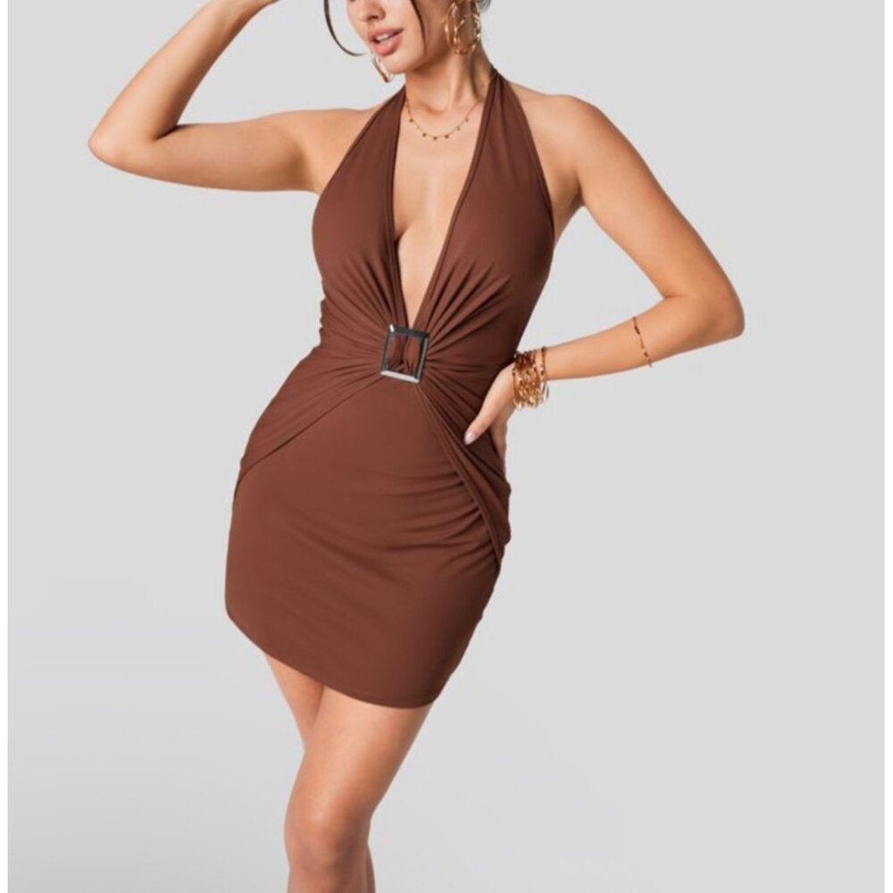 Halara Deep V Neck Halter Backless Ruched Bodycon Mini Casual Dress Sz Large Bro